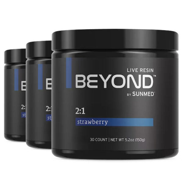 Three black jars of the *30% Off* - Beyond 2:1 Indica Gummies 3-Pack by Sunmed CBD, 30 count, 5.2 oz each.