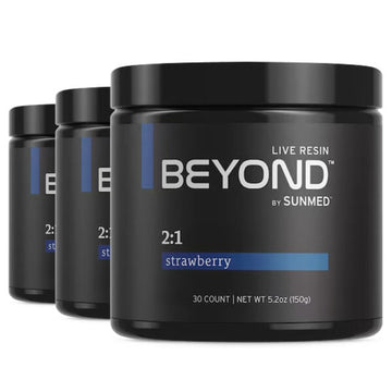 Three black jars of the *30% Off* - Beyond 2:1 Indica Gummies 3-Pack by Sunmed CBD, 30 count, 5.2 oz each.