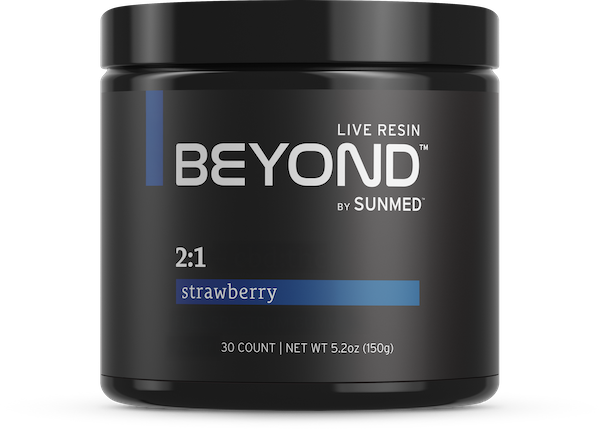 Black jar labeled “*15% Off* - Beyond 2:1 Indica Gummies by Sunmed CBD, strawberry, 30 count, net wt 5.2oz (150g)” on white background.