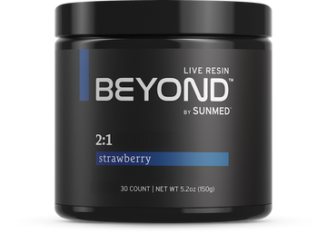 Black jar labeled “*15% Off* - Beyond 2:1 Indica Gummies by Sunmed CBD, strawberry, 30 count, net wt 5.2oz (150g)” on white background.