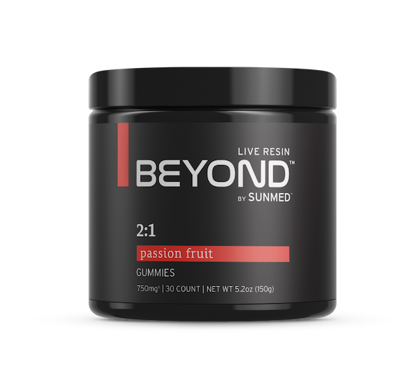 *15% Off* - Full Profile Beyond 2:1 Focus Gummies by Sunmed CBD, passion fruit flavor, 750mg, 30 count (5.2oz / 150g), in a black jar.
