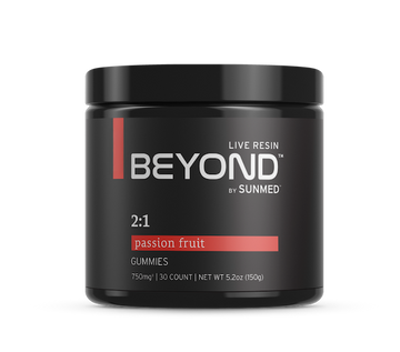 *15% Off* - Full Profile Beyond 2:1 Focus Gummies by Sunmed CBD, passion fruit flavor, 750mg, 30 count (5.2oz / 150g), in a black jar.