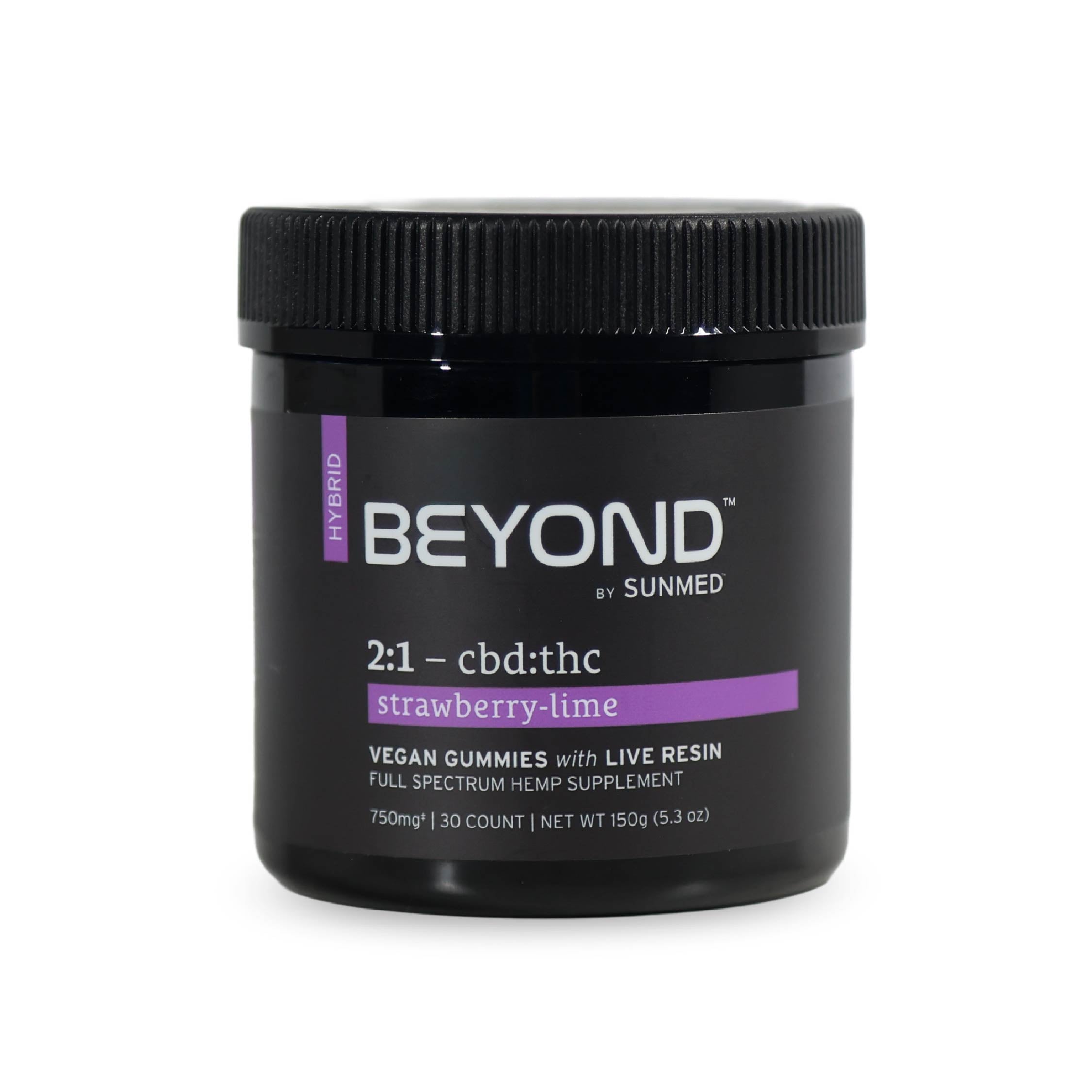 Black jar labeled "Beyond 2:1 Hybrid Live Resin Gummies" by Sunmed CBD, 30 count. Enjoy tasty vegan gummies with a balanced CBD to delta-9 THC ratio in each bite.
