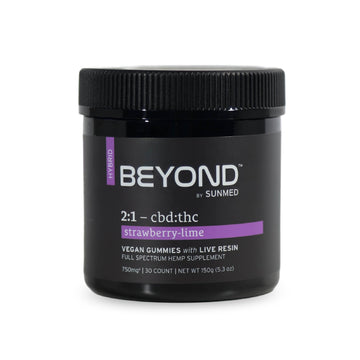 Black jar labeled "Beyond 2:1 Hybrid Live Resin Gummies" by Sunmed CBD, 30 count. Enjoy tasty vegan gummies with a balanced CBD to delta-9 THC ratio in each bite.