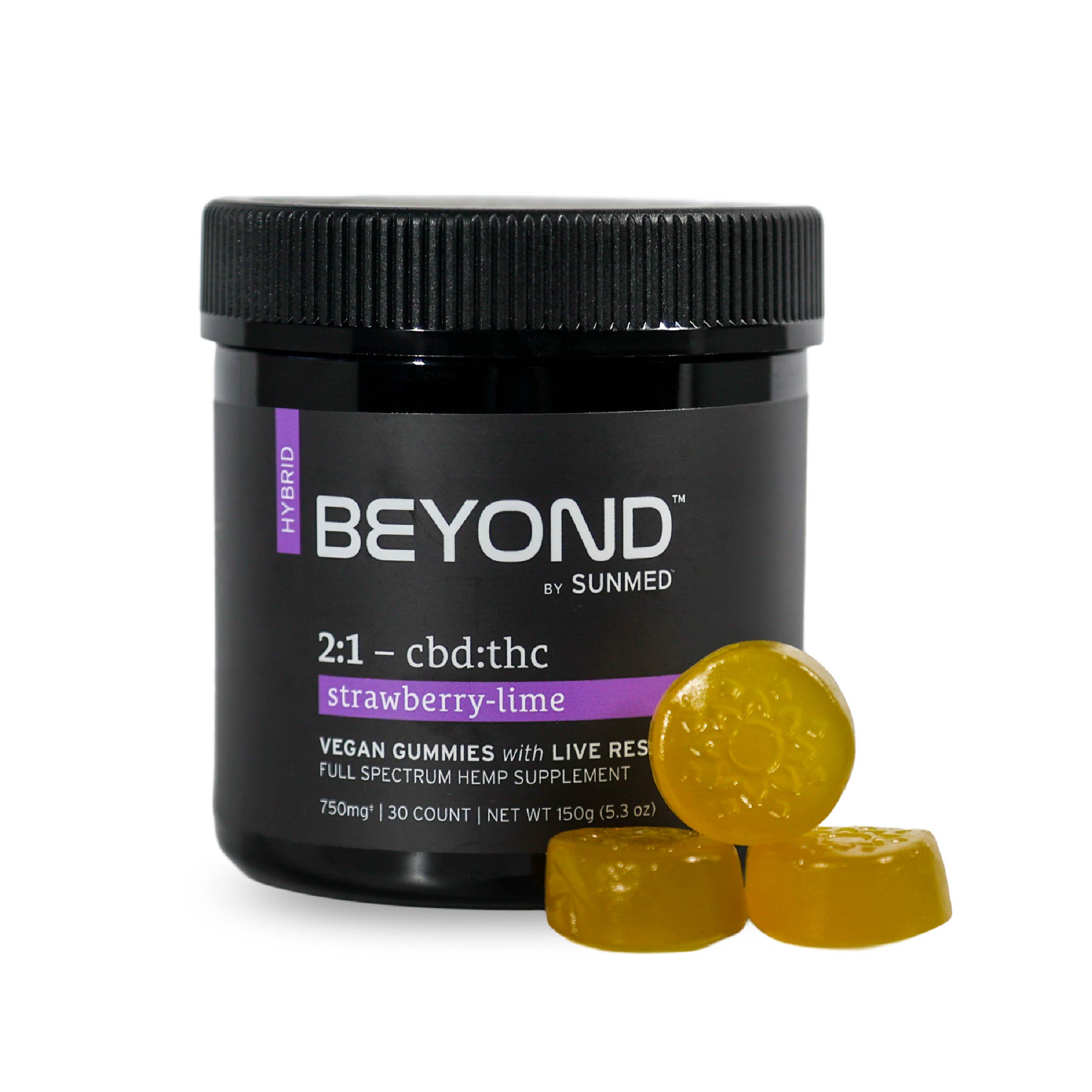 A jar labeled "Beyond 2:1 Hybrid Live Resin Gummies" by Sunmed CBD with three yellow gummies next to it.