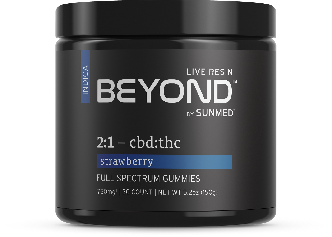 Black container labeled "Beyond 2:1 Indica Live Resin Gummies, 30 count, 750mg" by Sunmed CBD. Features a 2:1 CBD to THC ratio with full spectrum hemp extract for a balanced experience.