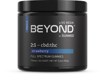 Black container labeled "Beyond 2:1 Indica Live Resin Gummies, 30 count, 750mg" by Sunmed CBD. Features a 2:1 CBD to THC ratio with full spectrum hemp extract for a balanced experience.