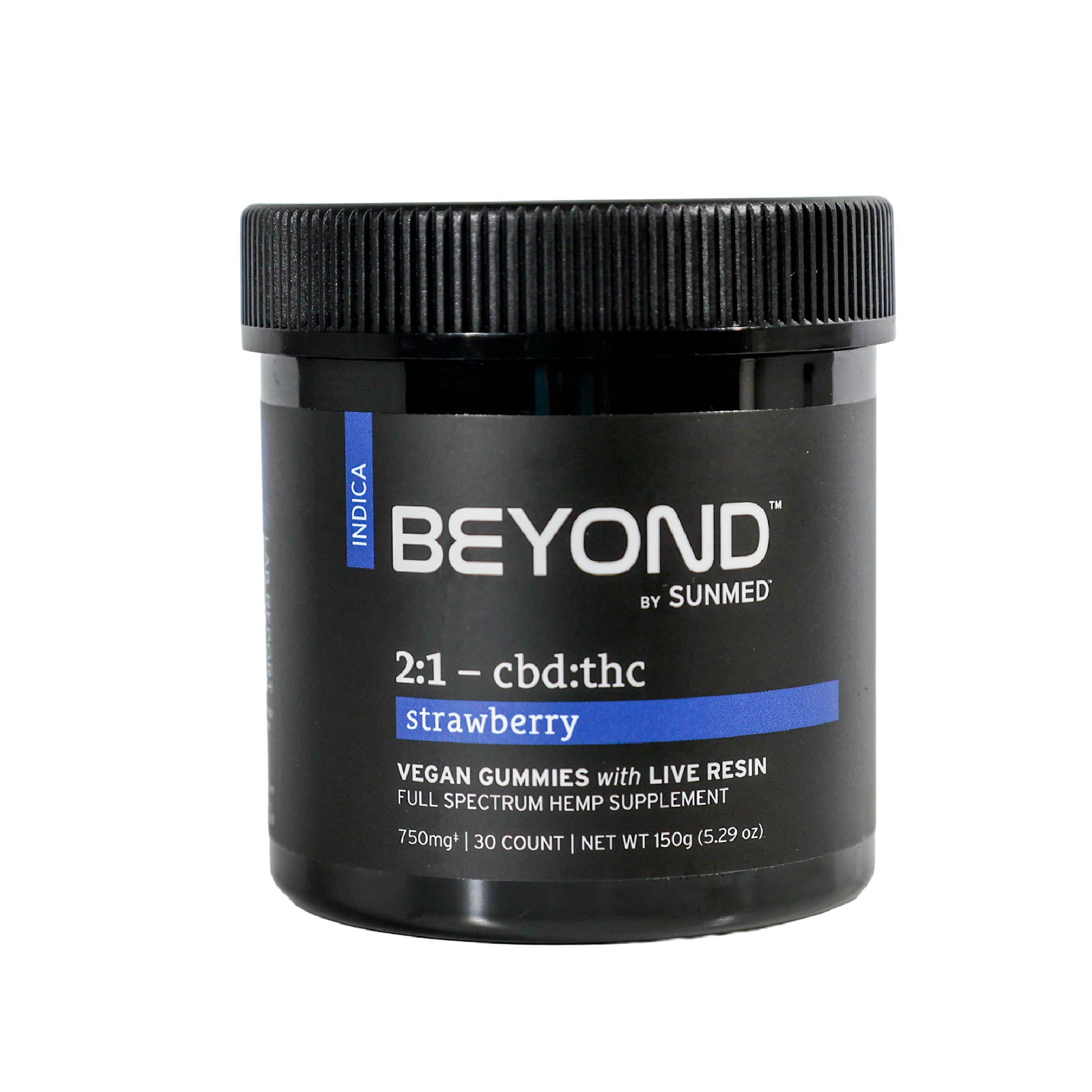 Black jar labeled "Sunmed CBD" Beyond 2:1 Indica Live Resin Gummies, 30 count, featuring a balanced 2:1 CBD to THC ratio and crafted with full spectrum hemp extract.