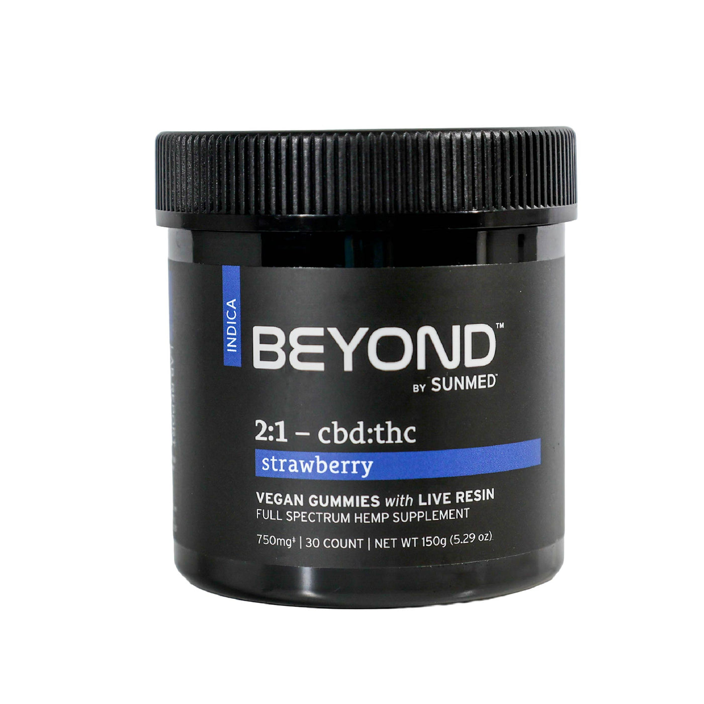 Black jar labeled "Sunmed CBD" Beyond 2:1 Indica Live Resin Gummies, 30 count, featuring a balanced 2:1 CBD to THC ratio and crafted with full spectrum hemp extract.