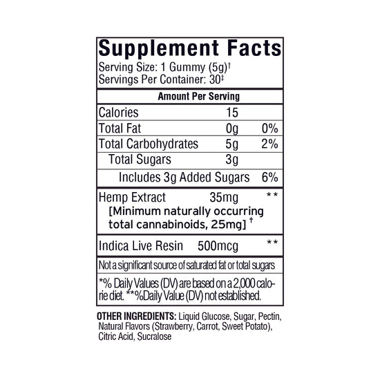 Supplement Facts label for Sunmed CBD Beyond 2:1 Indica Live Resin Gummies, detailing calories, carbs, sugars, 2:1 CBD to THC ratio, full spectrum hemp extract, and ingredient list.