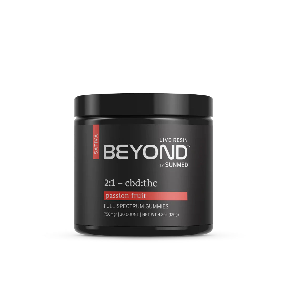Black jar labeled "Sunmed CBD *30% Off* - 2:1 Sativa Gummies 3-Pack.