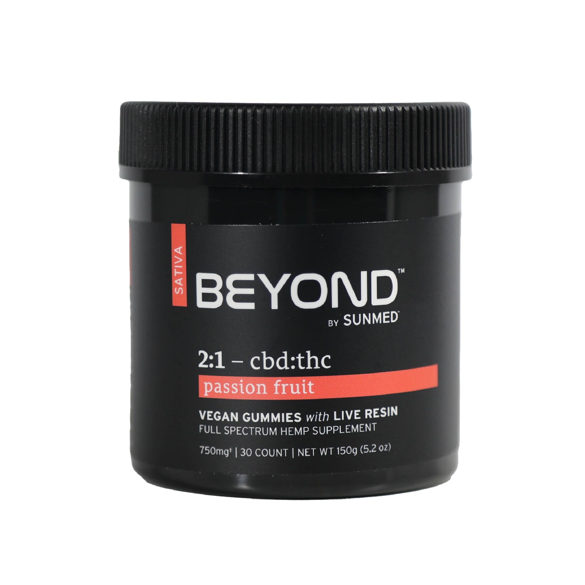 Sunmed CBD Beyond 2:1 Sativa Live Resin Gummies—black jar, 30 vegan gummies with passion fruit flavor, featuring a 2:1 CBD to THC ratio (750mg), made with full-spectrum hemp extract for a balanced experience.