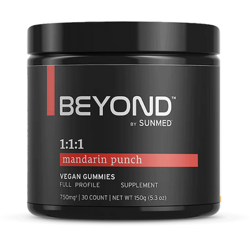 Black jar labeled “*15% Off* - 1:1:1 Sativa Gummies by Sunmed CBD, 30 count, supplement.”.