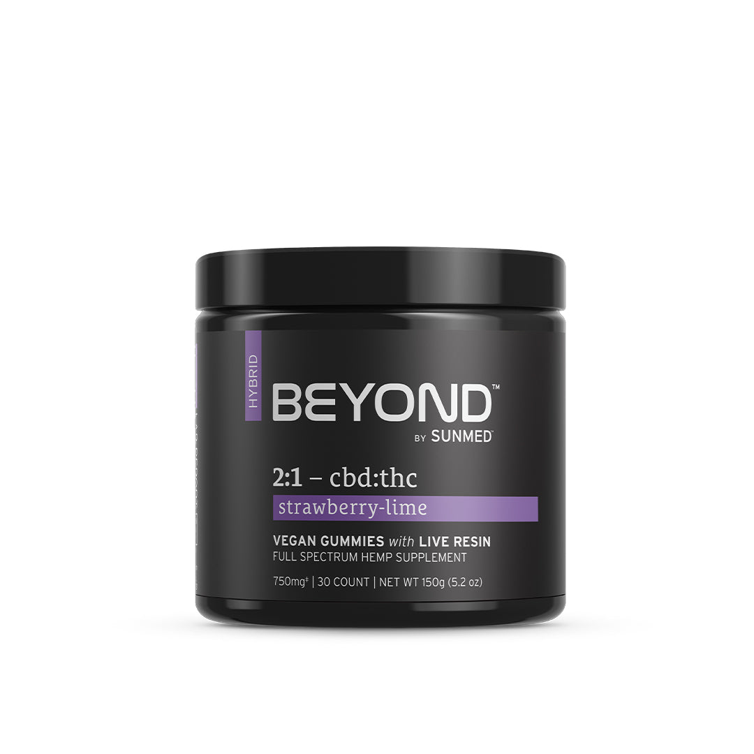 A black jar of Sunmed CBD *20% Off* - 2:1 Hybrid Gummies 2-Pack, strawberry-lime vegan gummies, 30 count.