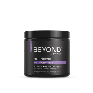 A black jar of Sunmed CBD *20% Off* - 2:1 Hybrid Gummies 2-Pack, strawberry-lime vegan gummies, 30 count.