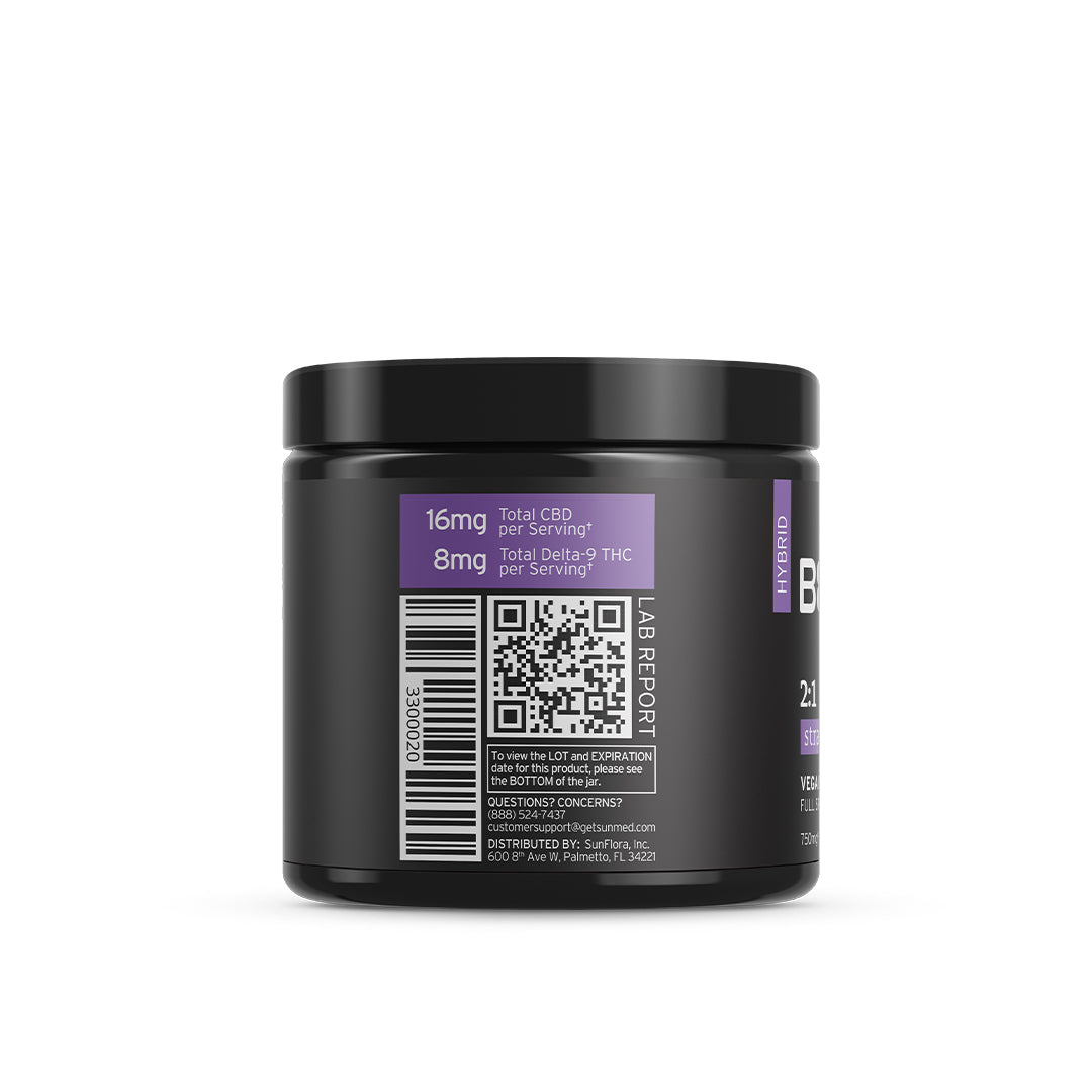 Black cylindrical container with a purple label, showing dosage details and a QR code for the lab report, containing Sunmed CBD's premium Beyond 2:1 Hybrid Live Resin Gummies.