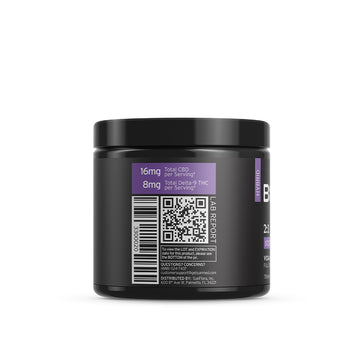 Black cylindrical container with a purple label, showing dosage details and a QR code for the lab report, containing Sunmed CBD&