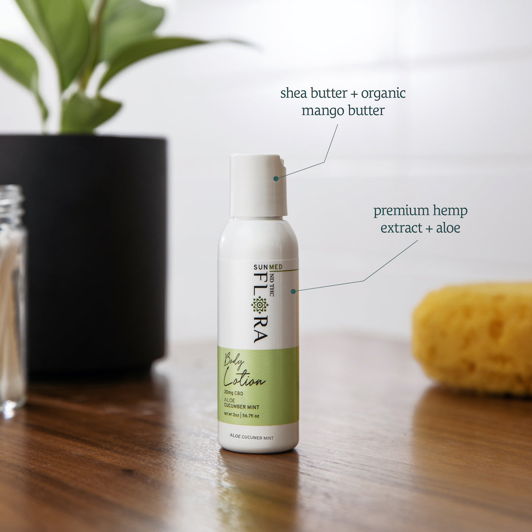 A bottle of Sunmed CBD Hemp Moisturizing Lotion, featuring shea butter, organic mango butter, broad spectrum CBD, and organic aloe leaf extract, sits on a table.