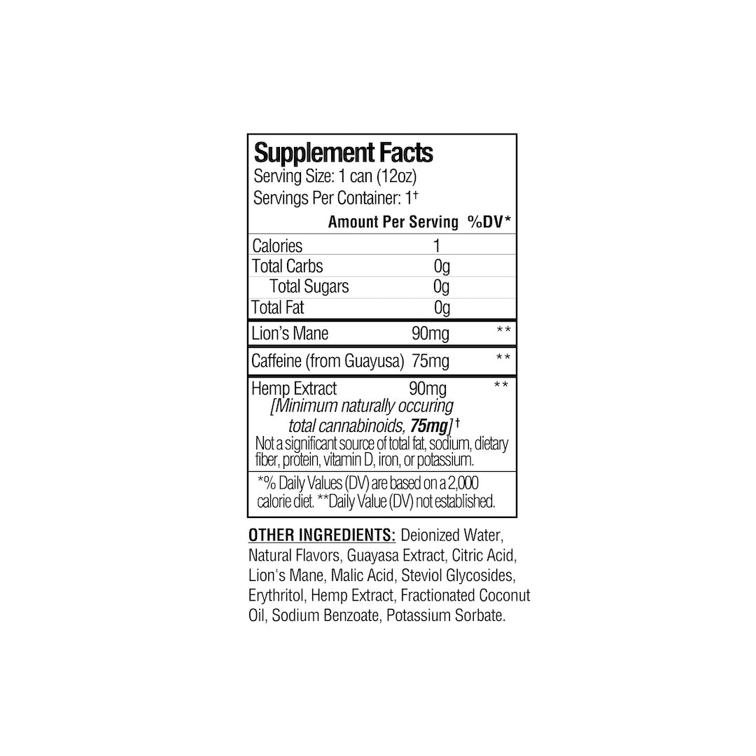 Supplement Facts label for Neuro Seltzer by Sunmed CBD showing ingredients like Lion's Mane, Guayusa Extract, Hemp Extract, and others.