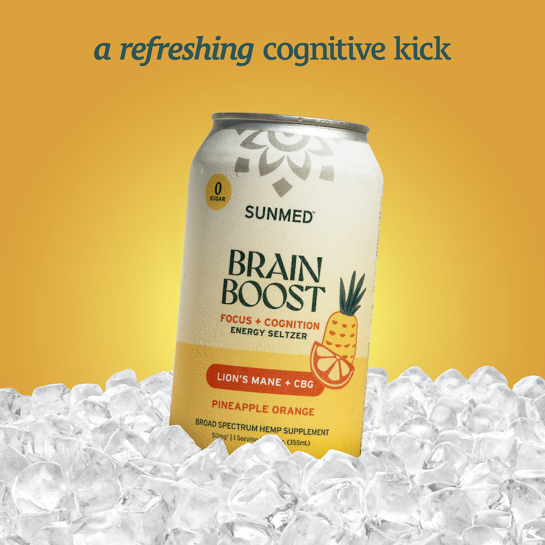 A can of Brain Boost Energy Seltzer on ice with the text "a refreshing cognitive kick" above. The label reads "Brain Boost Energy Seltzer" Pineapple Orange flavor, infused with Lion’s Mane and Broad Spectrum Hemp Extract by Sunmed CBD.