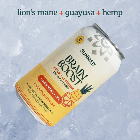 A can of Sunmed CBD Brain Boost Energy Seltzer - 4 Pack Pineapple Orange on ice, with text above reading 