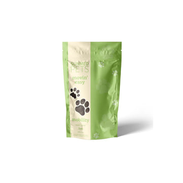 Green bag labeled “*15% Off* - Broad Profile Movin’ Easy Relief Hemp Pet Chews” by Sunmed CBD, with paw prints, for pet health supplements.