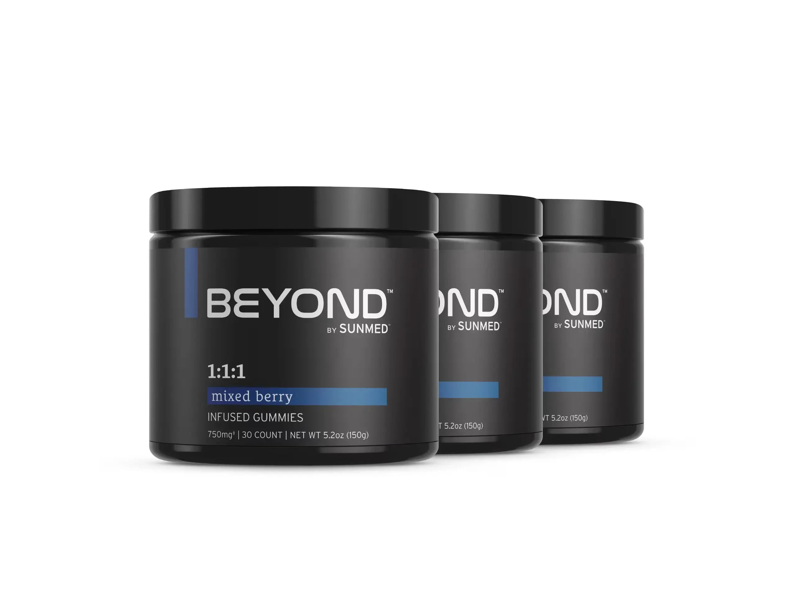 Three black jars labeled “Sunmed CBD” *30% Off* - 1:1:1 Indica Gummies 3-Pack, mixed berry flavor, arranged in a row on a white background.