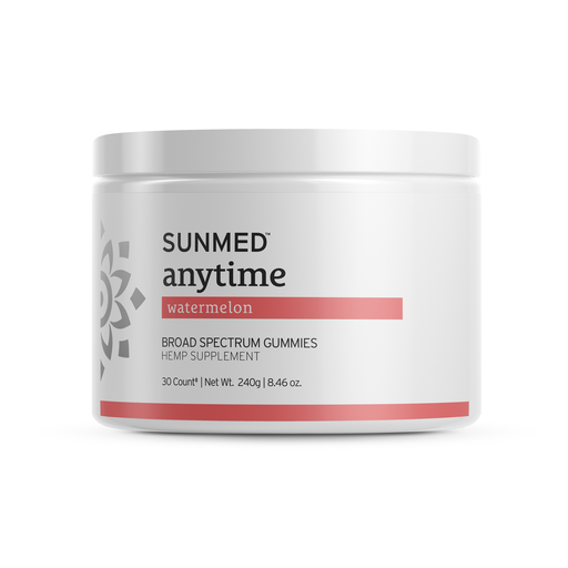 A white jar labeled "Sunmed CBD Broad Spectrum CBD Anytime Gummies" offers the benefits of Anytime CBD in a tasty watermelon flavor.