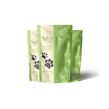 Three green and beige Sunmed CBD *30% Off* - Broad Profile Movin’ Easy Relief Hemp Pet Chews 3-Packs, each standing upright with paw prints and “mobility” text on the front.