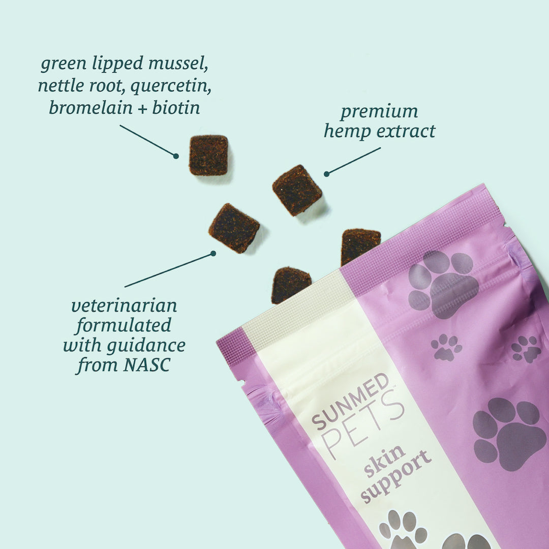 A pack of Sunmed CBD Broad Spectrum Allergy Aid Pet Chews with four treats shown, emphasizing ingredients and NASC veterinary formulation—perfect for maintaining skin health.