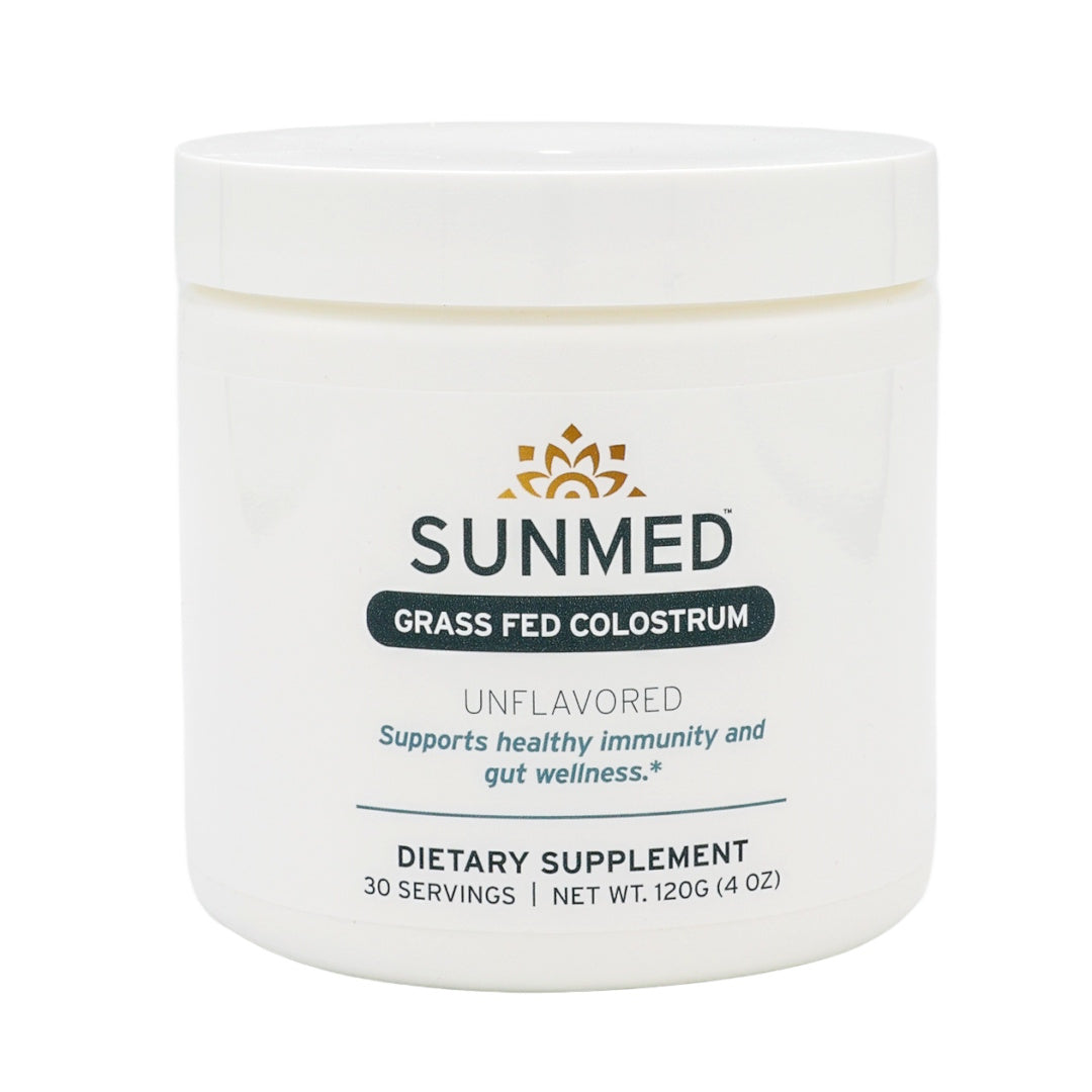 A white jar labeled "Sunmed CBD Grass-Fed Colostrum Powder" dietary supplement, unflavored, 30 servings (120g), formulated to support gut health and immune function.