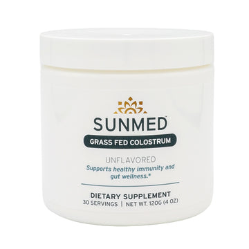 A white jar labeled "Sunmed CBD Grass-Fed Colostrum Powder" dietary supplement, unflavored, 30 servings (120g), formulated to support gut health and immune function.