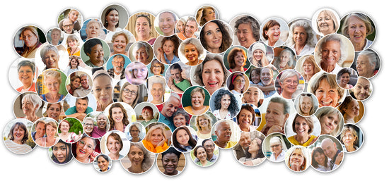 Collage of diverse, smiling women of different ages and backgrounds, grouped in overlapping circular frames.