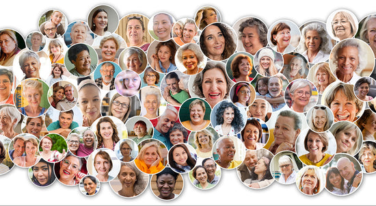 Collage of diverse, smiling women of different ages and backgrounds, grouped in overlapping circular frames.