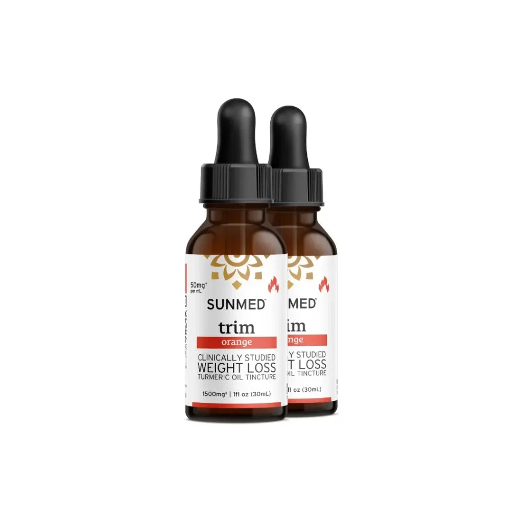 Two glass dropper bottles labeled “Sunmed CBD Full Profile Trim Tinctures 2-Pack” turmeric oil tincture, featuring 20% off.