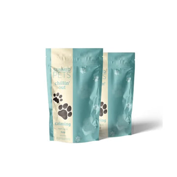 Two teal and beige pet treat bags labeled “Sunmed CBD *20% Off* - Broad Profile Chillin’ Out Hemp Pet Chews 2-Pack,” each decorated with paw prints.