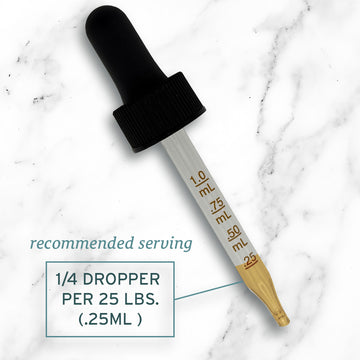 A dropper with measurement markings highlights a 0.25 mL serving per 25 lbs, demonstrating precise dosing of Sunmed CBD Broad Spectrum CBD Pet Tinctures on a marble background.
