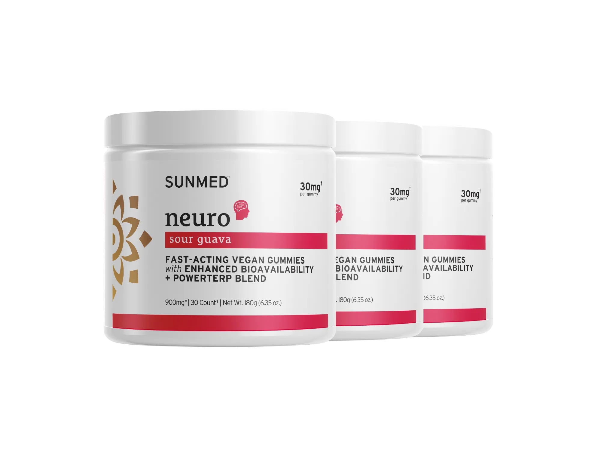 Three white jars of Sunmed CBD *30% Off* Full Profile Neuro Water Soluble Hemp Gummies 3-Pack with pink labels, aligned diagonally.