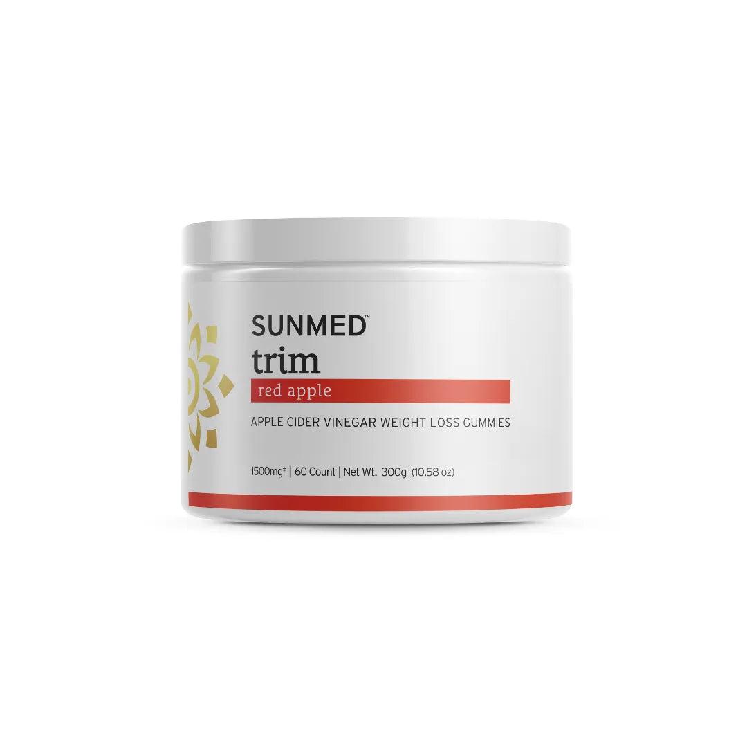 White jar labeled “Sunmed CBD *15% Off* - Full Profile Trim Gummies, 60 count.”.