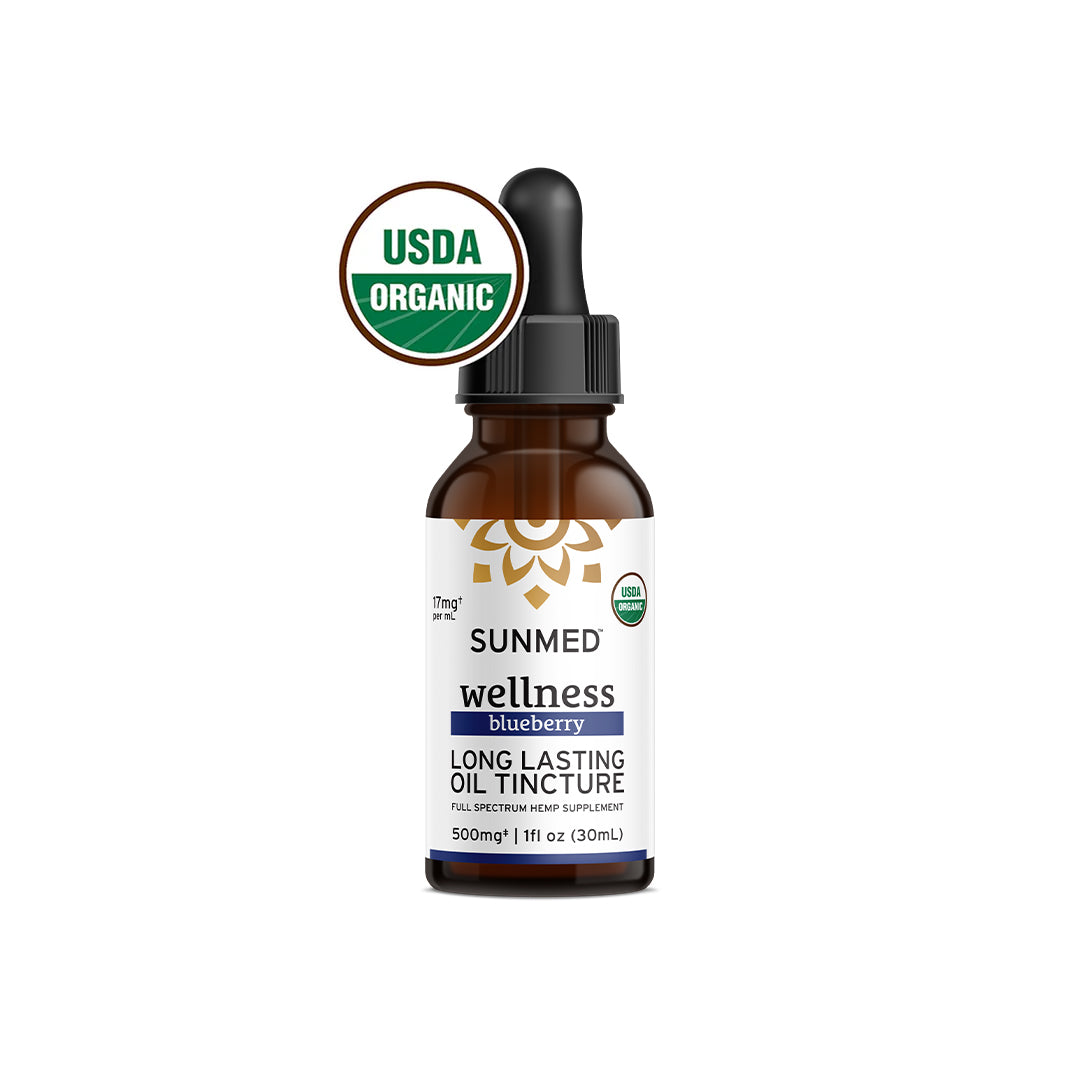 A 30ml bottle of Sunmed CBD Organic Full Spectrum CBD Tincture with USDA organic certification, featuring hemp-derived cannabinoids in blueberry wellness flavor.