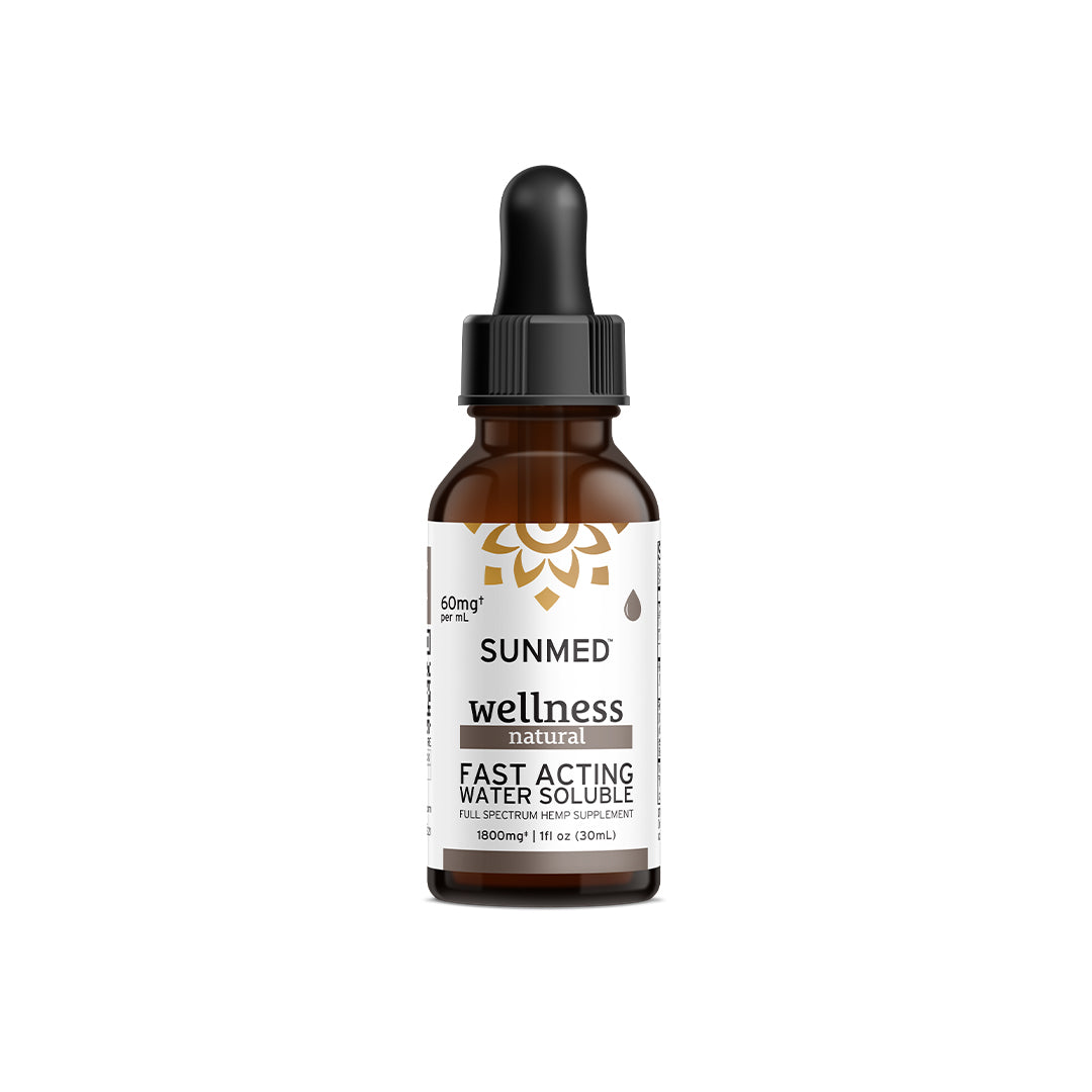 A 30ml bottle of Sunmed CBD Full Spectrum Wellness CBD Water Soluble supplement with a dropper, featuring 60mg per ml of full spectrum organic hemp extract.