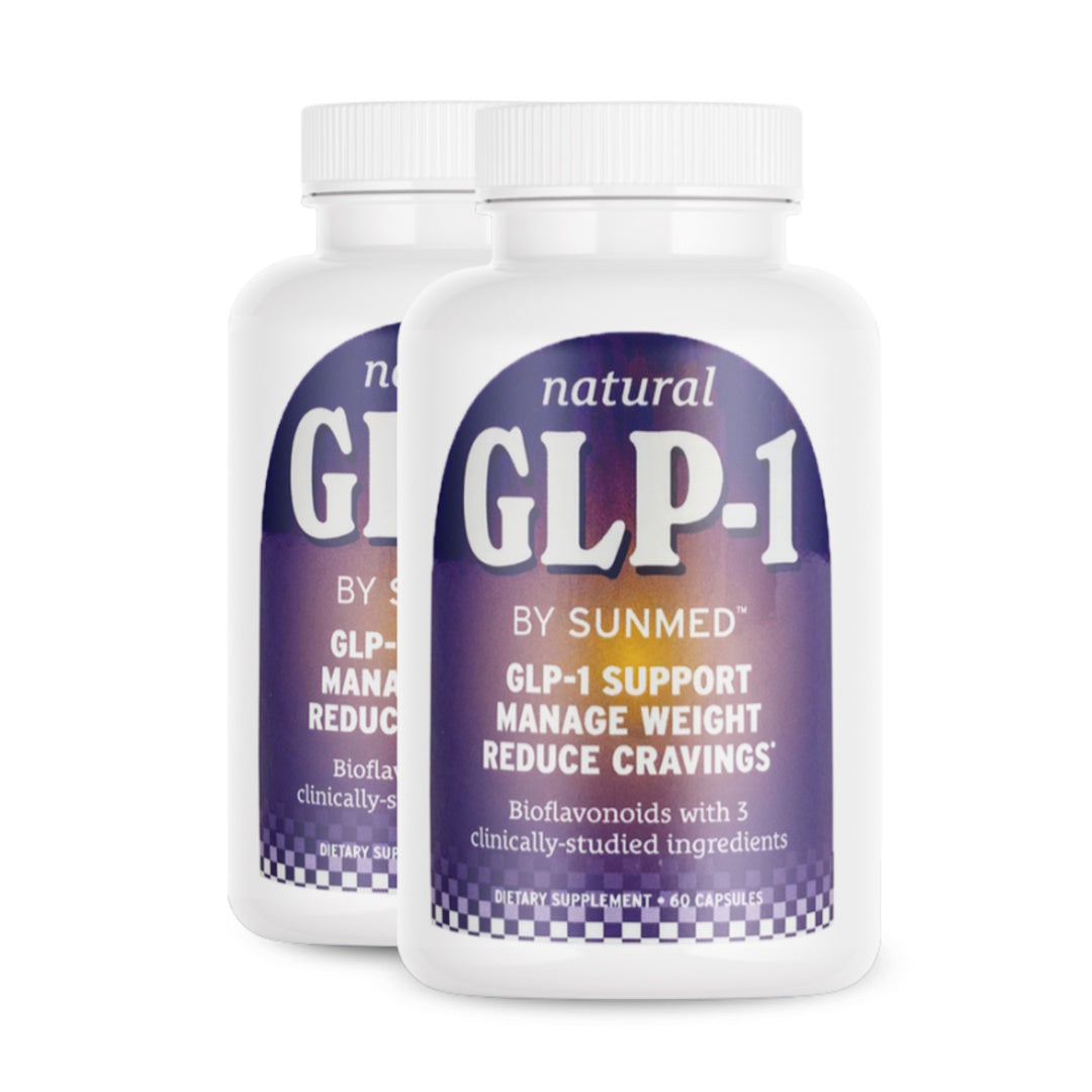 Two bottles of Sunmed CBD *20% Off* - GLP1 Supplement 2-Pack featuring purple gradient labels, with highlighted text focusing on weight management.