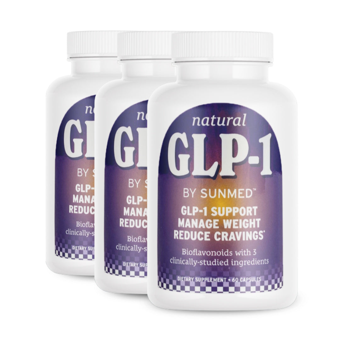 Three white bottles from the Sunmed CBD *30% Off* - GLP1 Supplement 3-Pack, labeled for weight management and craving reduction.