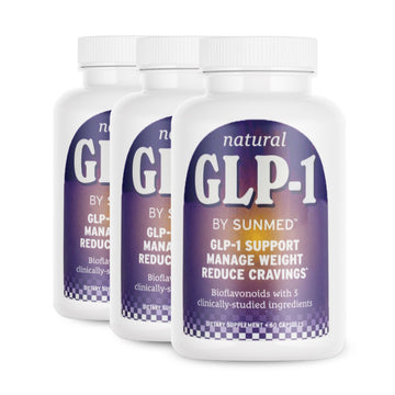 Three white bottles from the Sunmed CBD *30% Off* - GLP1 Supplement 3-Pack, labeled for weight management and craving reduction.