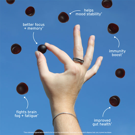 A hand holds an All-in-One Mushroom Gummy from Sunmed CBD against a clear sky, with six floating Mushroom Gummies labeled with various health benefits like immune function.