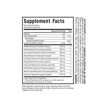 The Supplement Facts for Sunmed CBD’s All-in-One Mushroom Gummies display the serving size, calorie content, and include a variety of adaptogenic mushrooms with their specific amounts per serving, all aimed at supporting overall immune function.