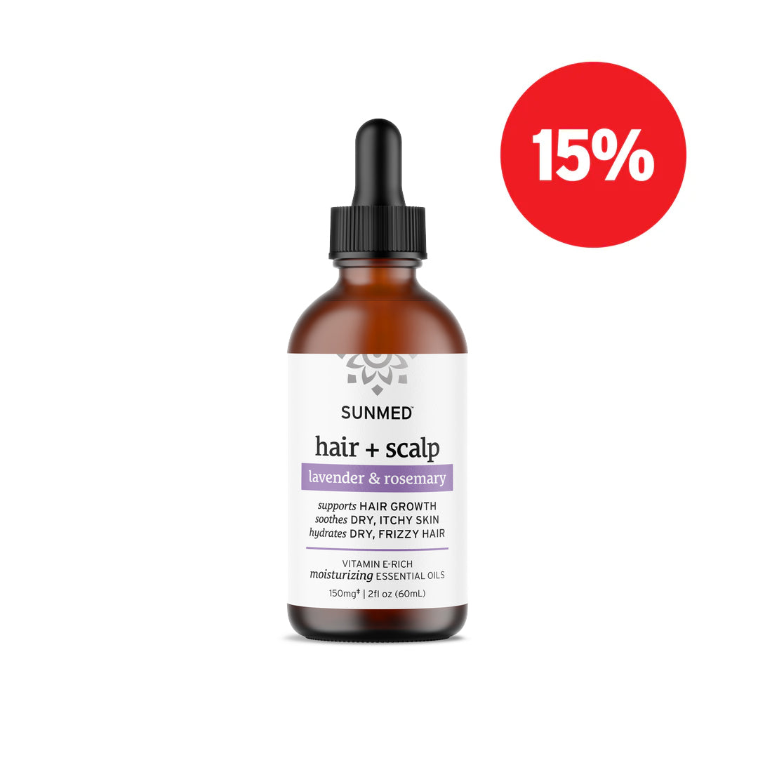 Sunmed CBD Broad Spectrum Hair + Scalp Oil with lavender & rosemary—now 15% off! Ideal for supporting healthy hair growth.