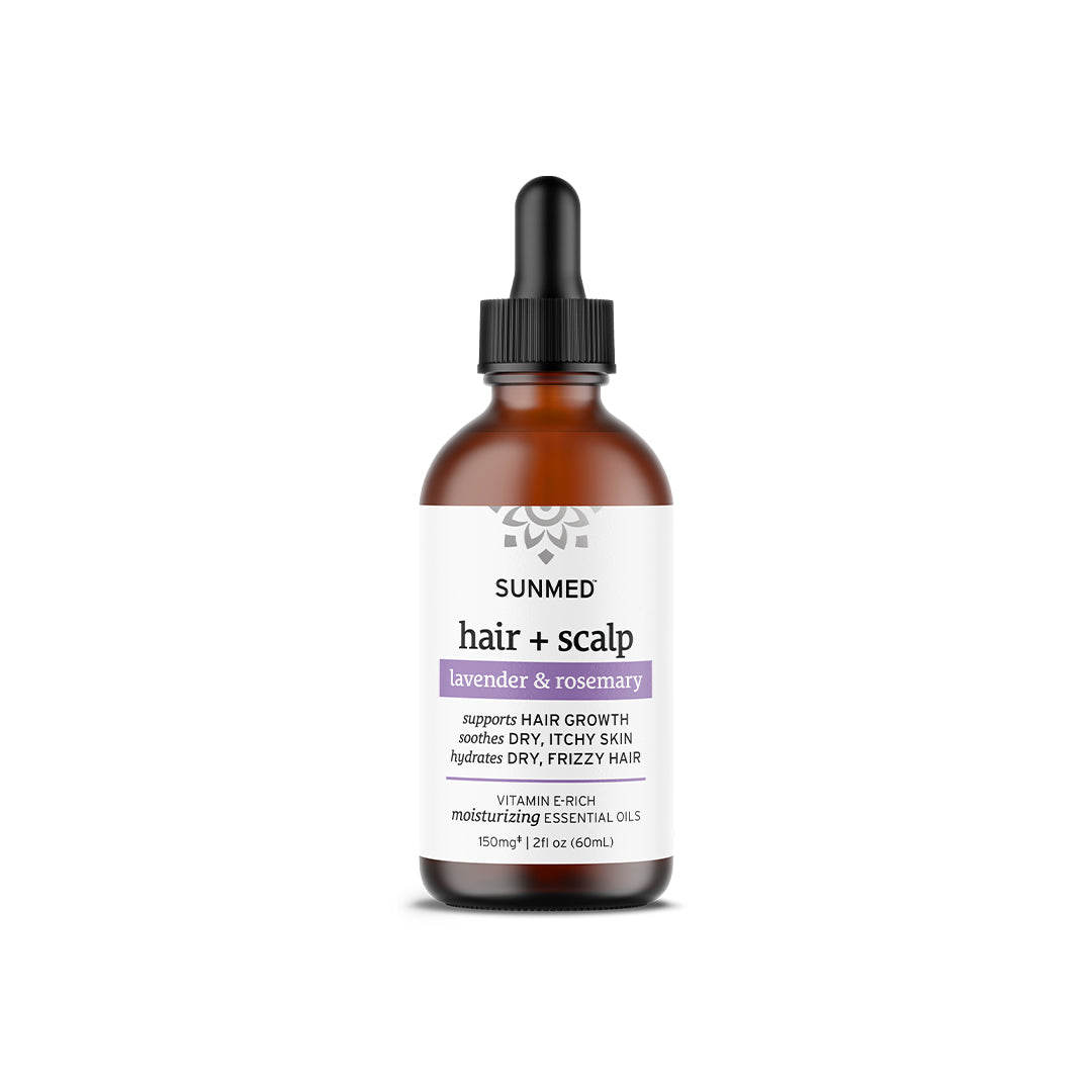 A 2 fl oz bottle of Sunmed CBD Broad Spectrum Hair + Scalp Oil with dropper—lavender & rosemary formula—nourishes hair growth and soothes your scalp with the benefits of CBD.