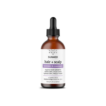 A 2 fl oz bottle of Sunmed CBD Broad Spectrum Hair + Scalp Oil with dropper—lavender & rosemary formula—nourishes hair growth and soothes your scalp with the benefits of CBD.