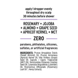 A label listing ingredients for the Broad Spectrum CBD Hair + Scalp Oil from Sunmed CBD, including rosemary, jojoba, almond, grape seed, apricot kernel, and MCT. This botanical blend promotes hair growth for luscious locks.